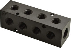 Made in USA - 3/8" Inlet, 1/4" Outlet Manifold - 4.12" Long x 1-1/4" Wide x 1-1/4" High, 0.2" Mount Hole, 2 Inlet Ports, 4 Outlet Ports - Best Tool & Supply