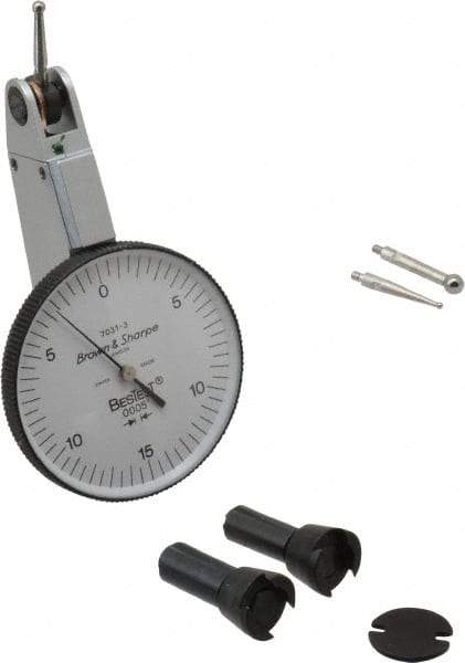 TESA Brown & Sharpe - 0.03 Inch Range, 0.0005 Inch Dial Graduation, Horizontal Dial Test Indicator - 1-1/2 Inch White Dial, 0-15-0 Dial Reading, Accurate to 0.0005 Inch - Best Tool & Supply