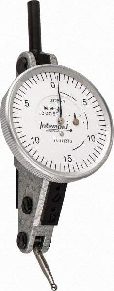 INTERAPID - 0.06 Inch Range, 0.0005 Inch Dial Graduation, Horizontal Dial Test Indicator - 1-1/2 Inch White Dial, 0-15-0 Dial Reading - Best Tool & Supply