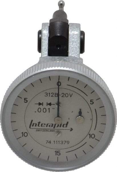 INTERAPID - 0.06 Inch Range, 0.001 Inch Dial Graduation, Vertical Dial Test Indicator - 1.2 Inch White Dial, 0-15-0 Dial Reading - Best Tool & Supply