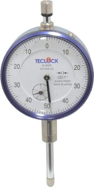 Teclock - 1" Range, 0-50-0 Dial Reading, 0.001" Graduation Dial Drop Indicator - 2-11/64" Dial, 0.1" Range per Revolution, 0.0014" Accuracy, Revolution Counter - Best Tool & Supply