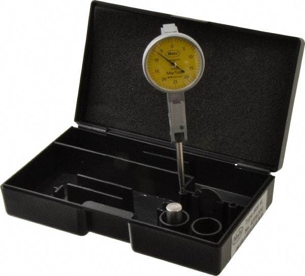 Mahr - 1/4 mm Range, 0.01 mm Dial Graduation, Horizontal Dial Test Indicator - 27.5 mm Yellow Dial, 0-25-0 Dial Reading - Best Tool & Supply