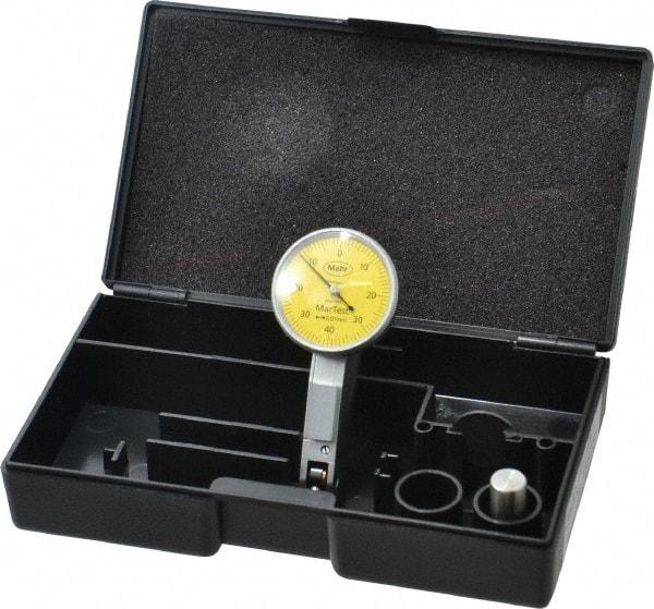 Mahr - 0.4 mm Range, 0.01 mm Dial Graduation, Horizontal Dial Test Indicator - 27.5 mm Yellow Dial, 0-40-0 Dial Reading - Best Tool & Supply