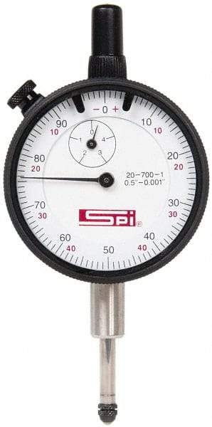 SPI - 1/2" Range, 0-100, 0-50-0 Dial Reading, 0.001" Graduation Dial Drop Indicator - 2-1/4" Dial, 0.1" Range per Revolution, Revolution Counter, Includes NPL Traceability Certification - Best Tool & Supply