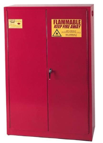 Eagle - 2 Door, 5 Shelf, Red Steel Standard Safety Cabinet for Flammable and Combustible Liquids - 65" High x 43" Wide x 18" Deep, Manual Closing Door, 3 Point Key Lock, 60 Gal Capacity - Best Tool & Supply