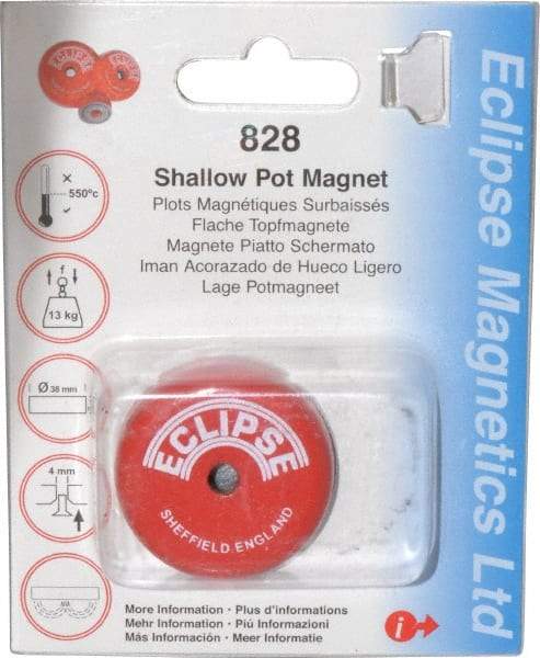 Eclipse - 1-1/2" Diam, 28.5 Lb Average Pull Force, Mild Steel, Alnico Pot Magnets - 0.339" Countersunk Hole, 220°C Max Operating Temp, 0.407" High, Grade 5 Alnico - Best Tool & Supply