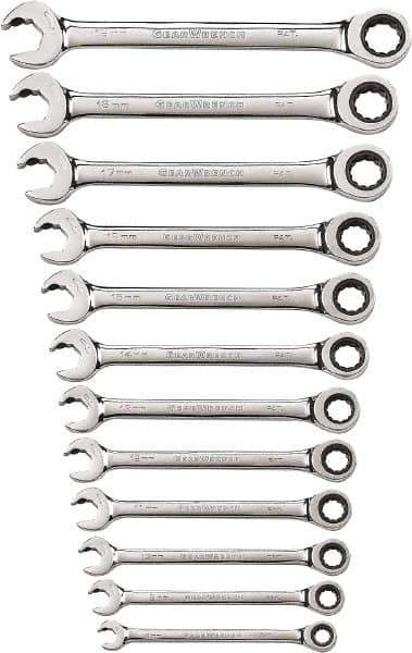 GearWrench - 12 Piece, 8mm to 19mm, 12 Point Ratcheting Combination Wrench Set - Metric Measurement Standard, Chrome Finish - Best Tool & Supply