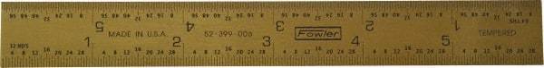 Fowler - 6" Long, 1/64, 1/32" and 0.5, 1mm Graduation, Rigid Steel Rule - English/Metric Graduation Style, 1/2" Wide, Yellow, Titanium Finish - Best Tool & Supply