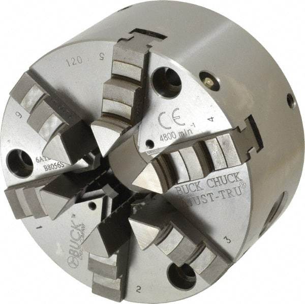 Buck Chuck Company - 6 Jaws, 5" Diam, Self Centering Manual Lathe Chuck - Front Mount, Adjustable, 4,125 Max RPM, 1.28" Through Hole Diam, Forged Steel - Best Tool & Supply