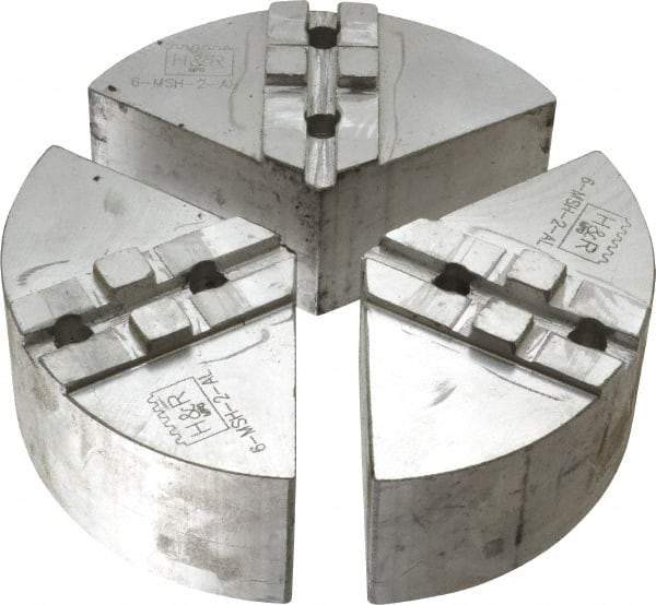 H & R Manufacturing - 6" Chuck Capacity, Tongue & Groove Attachment, Round Soft Lathe Chuck Jaw - 3 Jaws, Aluminum, 1-1/2" Btw Mount Hole Ctrs, 3" Long x 6" Wide x 2" High, 5/16" Groove - Best Tool & Supply