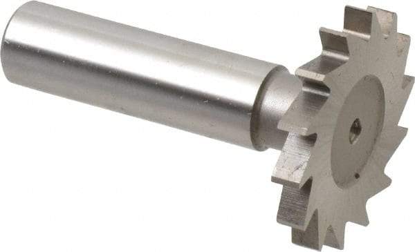 Made in USA - 1-3/8" Diam x 11/64" Face Width, High Speed Steel, 18 Teeth, Shank Connection Woodruff Keyseat Cutter - Uncoated, 2-1/4" OAL x 1/2" Shank, Straight Teeth - Best Tool & Supply