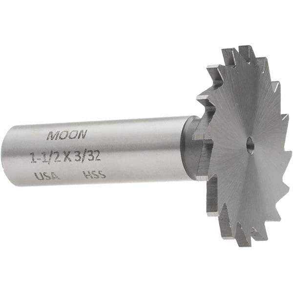 Made in USA - 1-1/2" Diam x 3/32" Face Width, High Speed Steel, 20 Teeth, Shank Connection Woodruff Keyseat Cutter - Uncoated, 2-1/4" OAL x 1/2" Shank, Straight Teeth - Best Tool & Supply