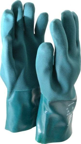 SHOWA - Size L (10), 12" Long, Supported, PVC Chemical Resistant Gloves - Textured Finish, Cotton Jersey Lined, Gauntlet Cuff, ANSI Abrasion Level 4, ANSI Cut Level 1, ANSI Puncture Level 1, Green - Best Tool & Supply