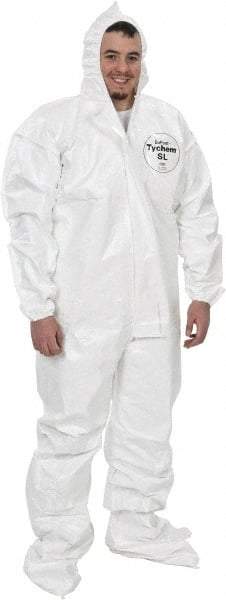 Dupont - Size 2XL Saranex Chemical Resistant Coveralls - White, Zipper Closure, Elastic Cuffs, Open Ankles, Bound Seams - Best Tool & Supply