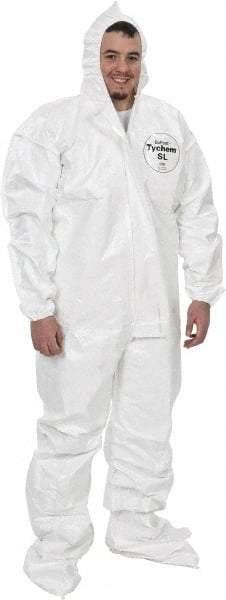 Dupont - Size 3XL Saranex Chemical Resistant Coveralls - White, Zipper Closure, Elastic Cuffs, Open Ankles, Bound Seams - Best Tool & Supply