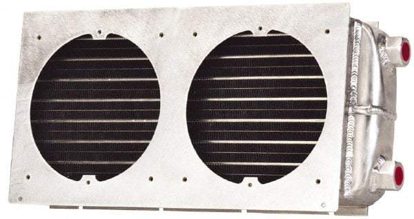 Lytron - 3/8-18 FNPT, 2 Fan Mount, Liquid-To-Air Aluminum Brazed Process Equipment Heat Exchanger - Oil Cooler, Ethylene Glycol/Water Mixture Cooler, 8.4" High x 18" Wide x 3.1" Deep, 5,025 BTU/Hr, 400°F Max - Best Tool & Supply