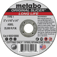 Cut-Off Wheel: Type 1, 3″ Dia, 1/4″ Hole, Aluminum Oxide 36 Grit, 25000 Max RPM