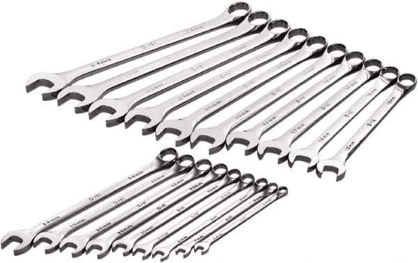 SK - 19 Piece, 6mm to 24mm, 12 Point Combination Wrench Set - Metric Measurement Standard, Full Polish Chrome Finish, Comes in Roll-Up Pouch - Best Tool & Supply