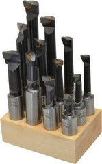 Interstate - 7/16 to 13/16" Min Diam, 1-1/8 to 4-1/2" Max Depth, 3/4" Shank Diam, 3-1/8 to 6-1/2" OAL Boring Bar Set - C2 Carbide Tipped, Bright Finish, Right Hand Cut, 12 Piece Set - Exact Industrial Supply