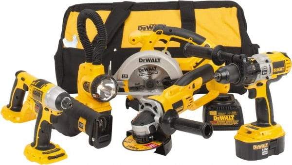 DeWALT - 17 Piece 18 Volt Cordless Tool Combination Kit - Includes 1/4" Impact Driver, 6-1/2" Circular Saw, Cut-Off Tool, Reciprocating Saw, 1/2" Hammer Drill, Battery Included - Best Tool & Supply