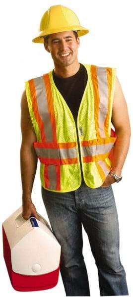 OccuNomix - Size 3X/4XL High Visibility Yellow Mesh Expandable Vest - 58 to 64" Chest, ANSI 107-2015, Zipper Closure, 3 Pockets, Polyester - Best Tool & Supply