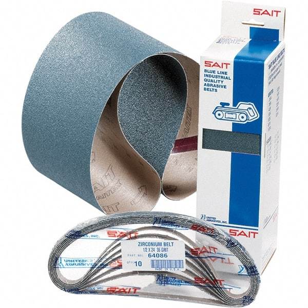 Sait - 1/2" Wide x 12" OAL, 60 Grit, Zirconia Alumina Abrasive Belt - Zirconia Alumina, Medium, Coated, H Weighted Cloth Backing - Best Tool & Supply