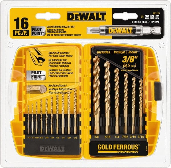 DeWALT - 1/16 to 3/8", 135° Point, Gold Ferrous Oxide Finish, High Speed Steel Maintenance Length Drill Bit Set - Best Tool & Supply