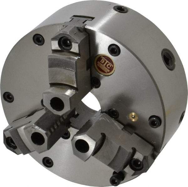 BTC - 3 Jaws, 6" Diam, Self Centering Manual Lathe Chuck - Plain Back Mount Spindle, Adjustable, Reversible, 3,400 Max RPM, 1.535" Through Hole Diam, Cast Iron - Best Tool & Supply