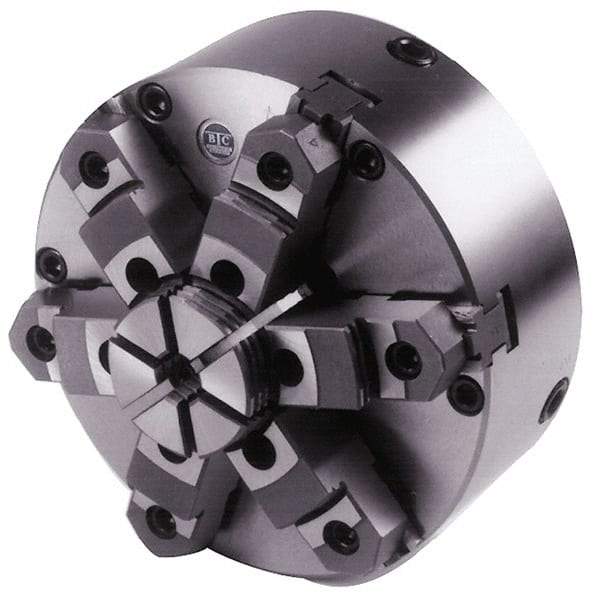 BTC - 6 Jaws, 10" Diam, Self Centering Manual Lathe Chuck - Plain Back Mount Spindle, Adjustable, Reversible, 1,900 Max RPM, 2.835" Through Hole Diam, Cast Iron - Best Tool & Supply