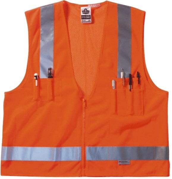 Ergodyne - Size S/M High Visibility Orange Mesh/Solid Surveyor's Vest - 36 to 44" Chest, ANSI/ISEA 107, Zipper Closure, 6 Pockets, Polyester - Best Tool & Supply