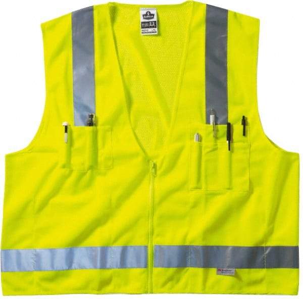 Ergodyne - Size S/M High Visibility Lime Mesh/Solid Surveyor's Vest - 36 to 44" Chest, ANSI/ISEA 107, Zipper Closure, 6 Pockets, Polyester - Best Tool & Supply