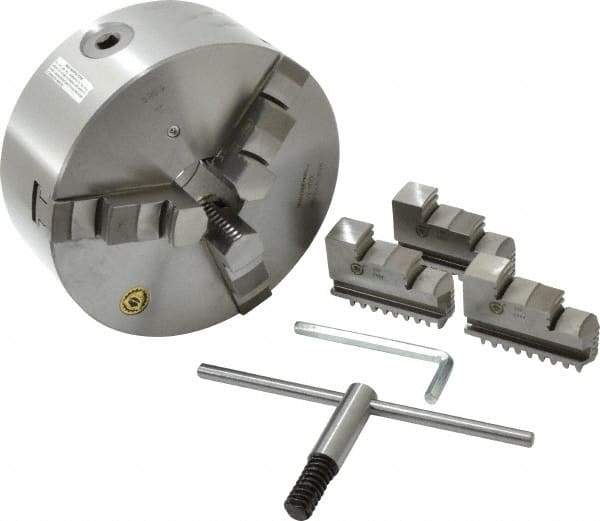 Bison - 3 Jaws, 8" Diam, Self Centering Manual Lathe Chuck - Plain Back Mount Spindle, 2,500 Max RPM, 2.1653" Through Hole Diam, 0.001" Axial Runout, 0.0016" Radial Runout, Cast Iron - Best Tool & Supply