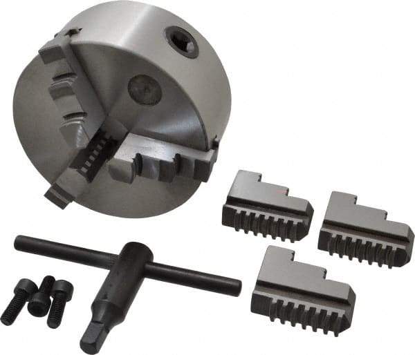 Interstate - 3 Jaws, 5" Diam, Self Centering Manual Lathe Chuck - Plain Back Mount Spindle, 1.1811" Through Hole Diam, 0.003" Axial Runout, Cast Iron - Best Tool & Supply