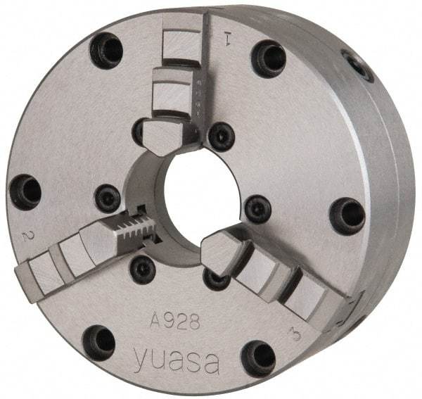 Yuasa - 3 Jaws, 4" Diam, Self Centering Manual Lathe Chuck - Plain Back Mount Spindle, Adjustable, 1.2598" Through Hole Diam, 0.0005" Axial Runout, Cast Iron - Best Tool & Supply