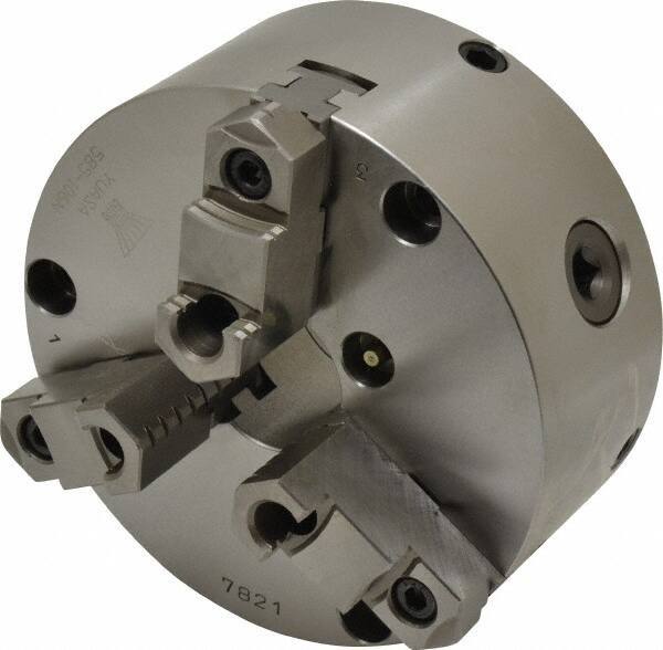 Yuasa - 3 Jaws, 6" Diam, Self Centering Manual Lathe Chuck - Plain Back Mount Spindle, Adjustable, Reversible, 1.7323" Through Hole Diam, 0.0005" Axial Runout, Cast Iron - Best Tool & Supply