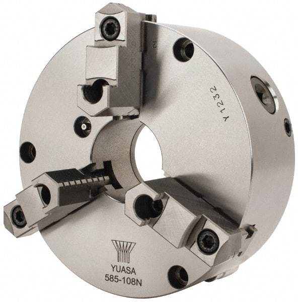 Yuasa - 3 Jaws, 8" Diam, Self Centering Manual Lathe Chuck - Plain Back Mount Spindle, Adjustable, Reversible, 2.4803" Through Hole Diam, 0.0005" Axial Runout, Cast Iron - Best Tool & Supply