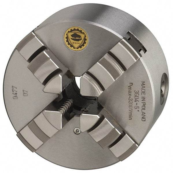 Bison - 4 Jaws, 6" Diam, Self Centering Manual Lathe Chuck - Plain Back Mount Spindle, 3,000 Max RPM, 1.6535" Through Hole Diam, 0.0008" Axial Runout, 0.0012" Radial Runout, Cast Iron - Best Tool & Supply