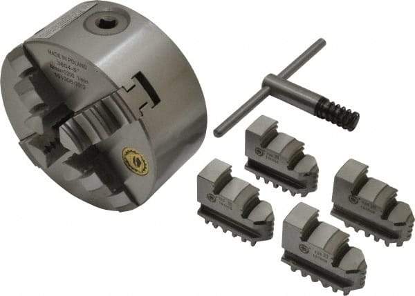 Bison - 4 Jaws, 5" Diam, Self Centering Manual Lathe Chuck - Plain Back Mount Spindle, 3,200 Max RPM, 9.921" Through Hole Diam, 0.0008" Axial Runout, 0.0012" Radial Runout, Cast Iron - Best Tool & Supply