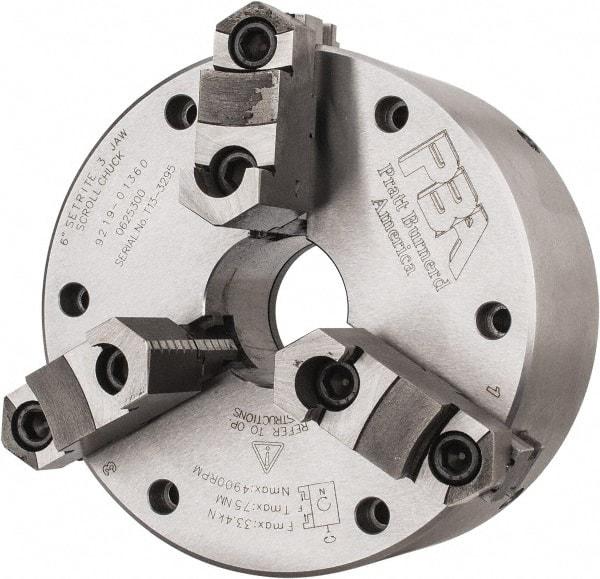 Pratt Burnerd America - 3 Jaws, 6" Diam, Self Centering Manual Lathe Chuck - Plain Back Mount Spindle, Adjustable, Reversible, 4,900 Max RPM, 1.81" Through Hole Diam, Forged Steel - Best Tool & Supply