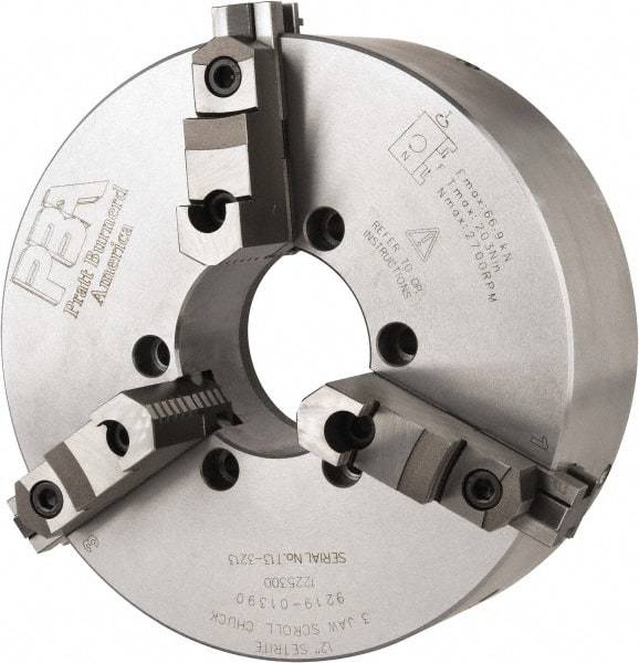 Pratt Burnerd America - 3 Jaws, 12" Diam, Self Centering Manual Lathe Chuck - Plain Back Mount Spindle, Adjustable, Reversible, 2,300 Max RPM, 4.06" Through Hole Diam, Forged Steel - Best Tool & Supply