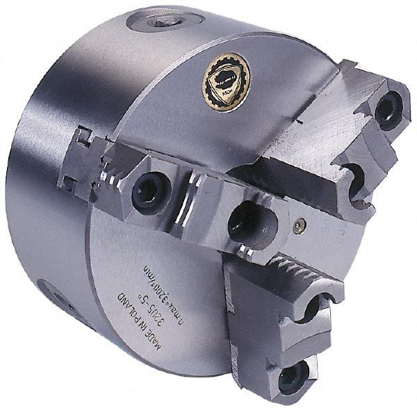 Bison - 3 Jaws, 8" Diam, Self Centering Manual Lathe Chuck - Plain Back Mount Spindle, Reversible, 4,000 Max RPM, 2.1654" Through Hole Diam, 0.0018" Axial Runout, 0.0016" Radial Runout, Forged Steel - Best Tool & Supply