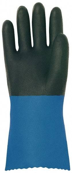 MAPA Professional - Size XL (9), 12" Long, Supported, Neoprene Chemical Resistant Gloves - Textured Finish, Cotton Interlock Knit Lined, Gauntlet Pinked Cuff, Black/Blue - Best Tool & Supply