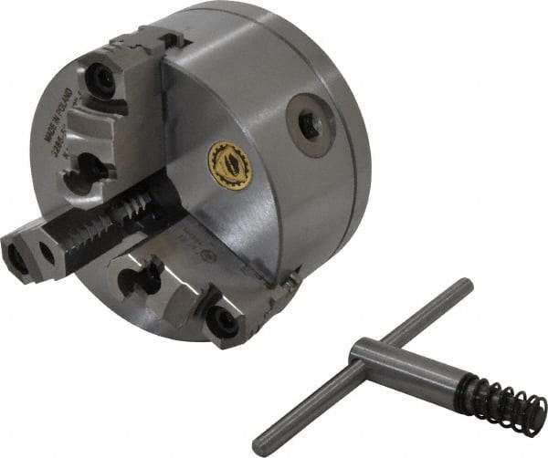 Bison - 3 Jaws, 5" Diam, Self Centering Manual Lathe Chuck - 1-1/2 - 8" Spindle Mount, Reversible, 3,200 Max RPM, 1.2598" Through Hole Diam, 0.0008" Axial Runout, 0.0012" Radial Runout, Cast Iron - Best Tool & Supply