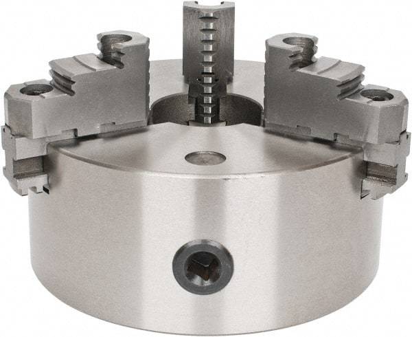 Interstate - 3 Jaws, 8" Diam, Self Centering Manual Lathe Chuck - D1-4 Mount Spindle, Reversible, 1.9685" Through Hole Diam, Cast Iron - Best Tool & Supply