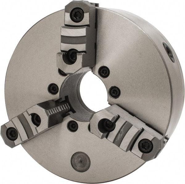 Interstate - 3 Jaws, 10" Diam, Self Centering Manual Lathe Chuck - D1-6 Mount Spindle, Reversible, 2.7559" Through Hole Diam, Cast Iron - Best Tool & Supply