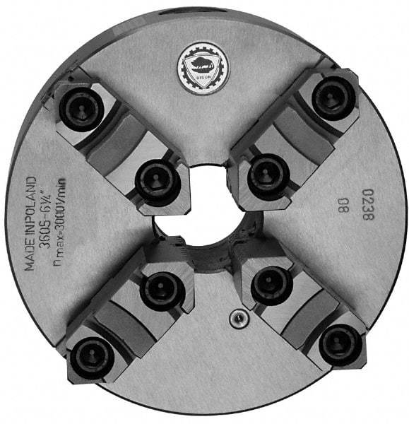 Bison - 4 Jaws, 12" Diam, Self Centering Manual Lathe Chuck - Plain Back Mount Spindle, Reversible, 1,500 Max RPM, 4.0551" Through Hole Diam, 0.0012" Axial Runout, 0.0031" Radial Runout, Cast Iron - Best Tool & Supply