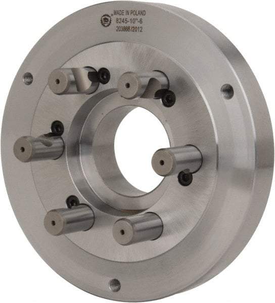 Bison - Adapter Back Plate for 10" Diam Self Centering Lathe Chucks - D1-6 Mount, 2.922" Through Hole Diam, 5.708mm ID, 9.84" OD, 1.34" Flange Height, Steel - Best Tool & Supply