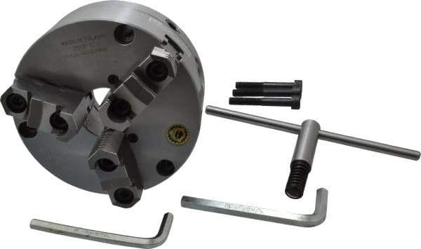 Bison - 3 Jaws, 6" Diam, Self Centering Manual Lathe Chuck - Front Mount, Adjustable, Reversible, 3,500 Max RPM, 1.654" Through Hole Diam, Forged Steel - Best Tool & Supply