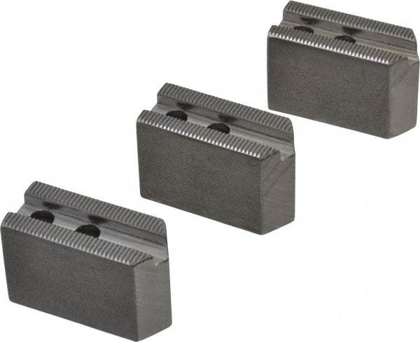 H & R Manufacturing - 5" Chuck Capacity, 1.5mm x 60° Serrated Attachment, Square Soft Lathe Chuck Jaw - 3 Jaws, Steel, 0.708" Btw Mount Hole Ctrs, 2-5/16" Long x 1" Wide x 1-1/2" High, 0.395" Groove, 8mm Fastener - Best Tool & Supply