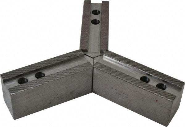 H & R Manufacturing - 12" & Up Chuck Capacity, 1.5mm x 60° Serrated Attachment, Square Soft Lathe Chuck Jaw - 3 Jaws, Steel, 1.181" Btw Mount Hole Ctrs, 6-1/4" Long x 2" Wide x 2-1/2" High, 0.827" Groove, 0.6299" & 16mm Fastener - Best Tool & Supply